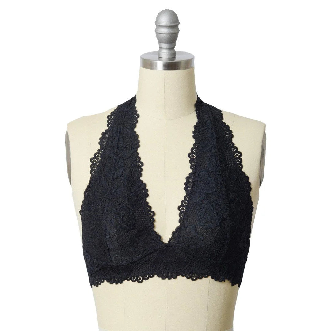 Black Lined Lace Halter Top Bralette featuring lace detailing and a stylish halt neck