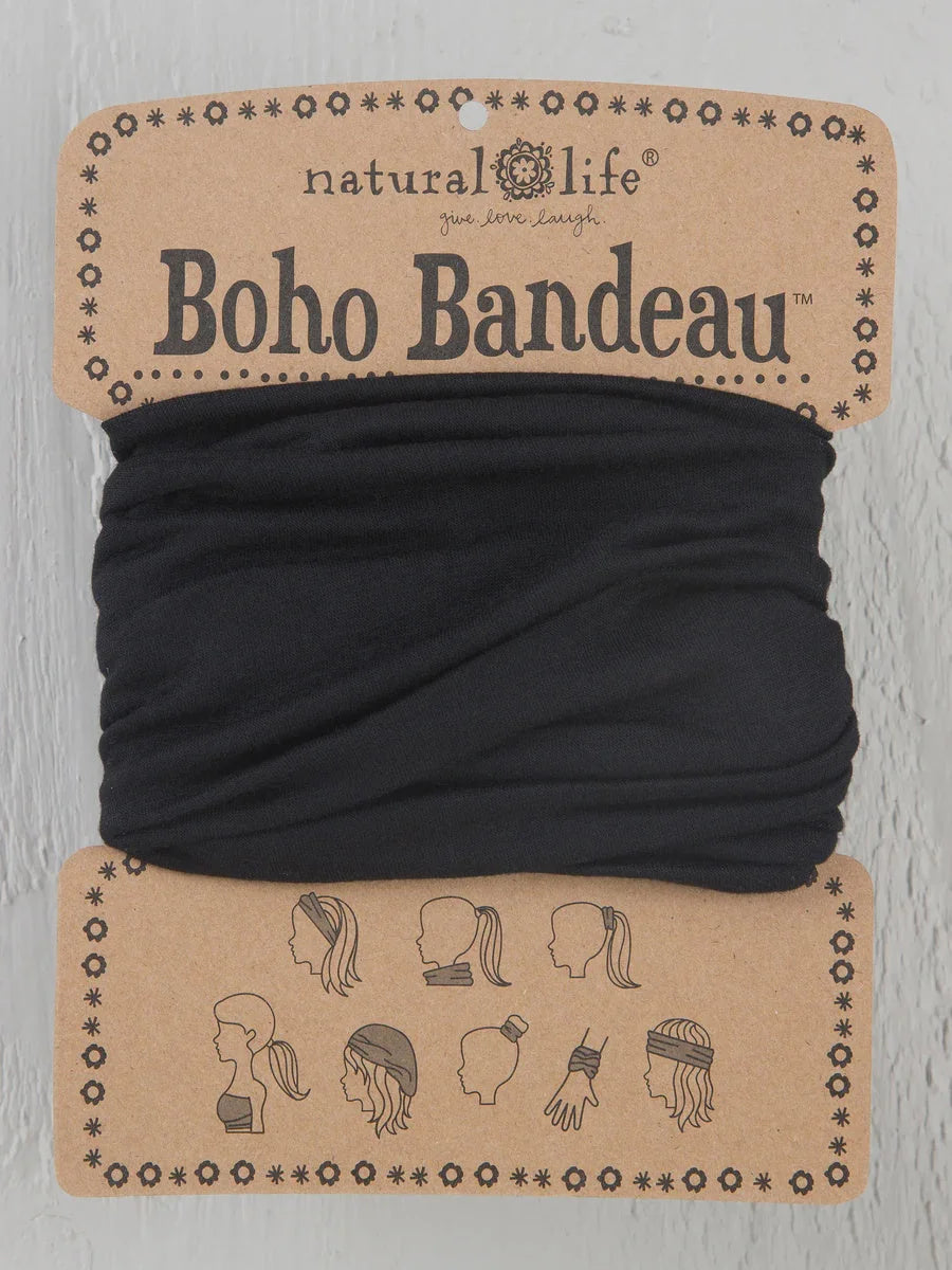 Black Boho Bandeau Headband with logo, perfect for stylish looks and versatility