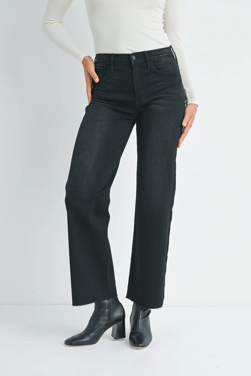 Black slim palazzo denim jeans with high-waisted flared straight leg and button fly