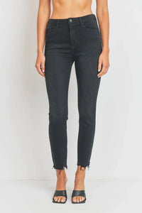 Black high-waisted slim straight jeans with frayed ankle hems for a stylish look