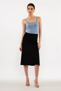 Black knee-length pencil skirt with light blue spaghetti strap tank top from Shop Daisy