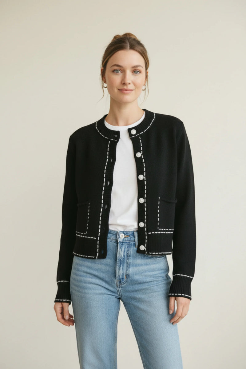 Black long sleeve accent stitch detail knit cardigan with white contrast