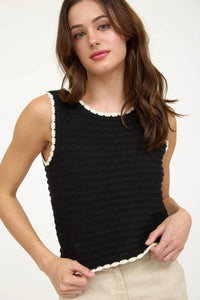 Black crochet knit sleeveless tank top with white trim from CROCHET KNIT SLEEVELESS TOP collection