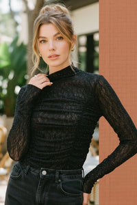 Black lace long-sleeved top with scrunched princess seams