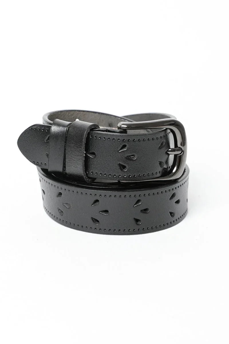 Black leather belt with perforated patterns and metal buckle for women’s boho chic clothing