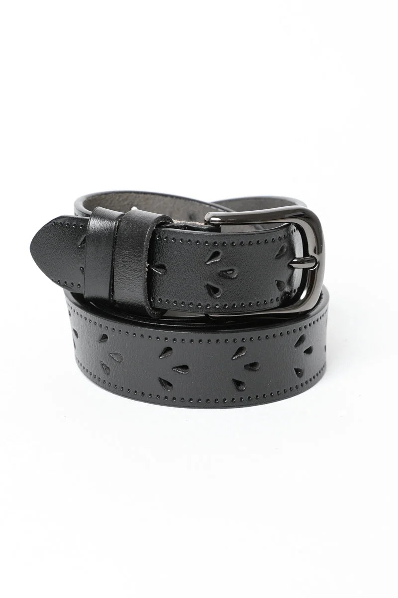 Petal Punch Out Leather Belt, a stylish black leather belt with decorative holes