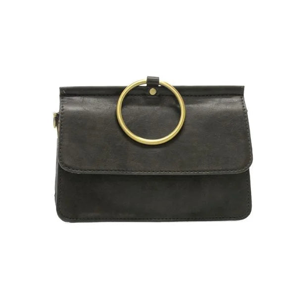 Black leather ARIA RING BAG clutch with gold ring handle and interior zip at widest point