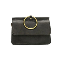 Black leather ARIA RING BAG clutch with gold ring handle and interior zip at widest point