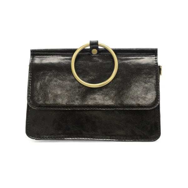 Black Aria Ring Bag: leather clutch with gold ring handle