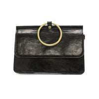 Black Aria Ring Bag: leather clutch with gold ring handle