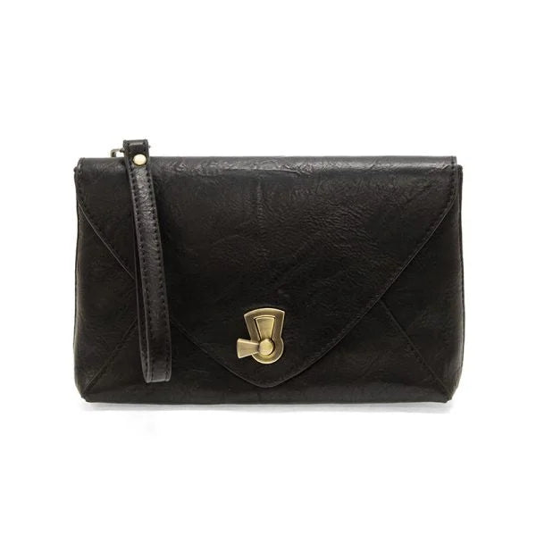 Black leather clutch purse with gold-toned clasp, featuring Claudia Keyhole Envelope design