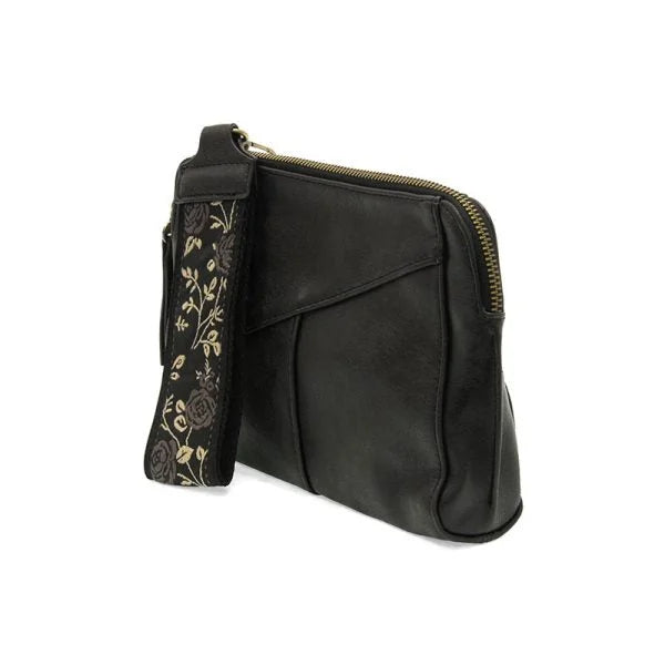 Black vegan leather clutch with floral-embroidered woven wristlet strap and zip closure