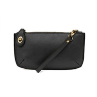 Black leather clutch purse with gold hardware, detachable wrist strap, shop Daisy