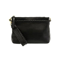 Black vegan leather clutch with braided wristlet strap and decorative stitching, includes removable shoulder strap for versatile use
