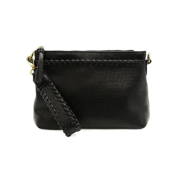 Black vegan leather clutch with braided wristlet strap and decorative stitching, includes removable shoulder strap for versatile use