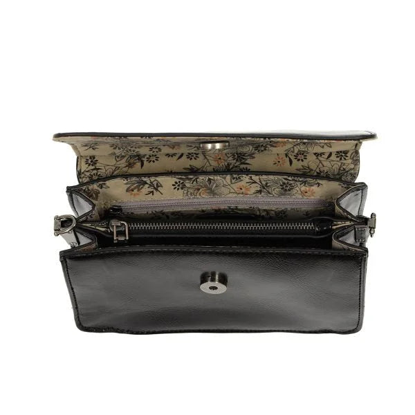 Black Aria Ring Bag with leather, floral lining and silver hardware