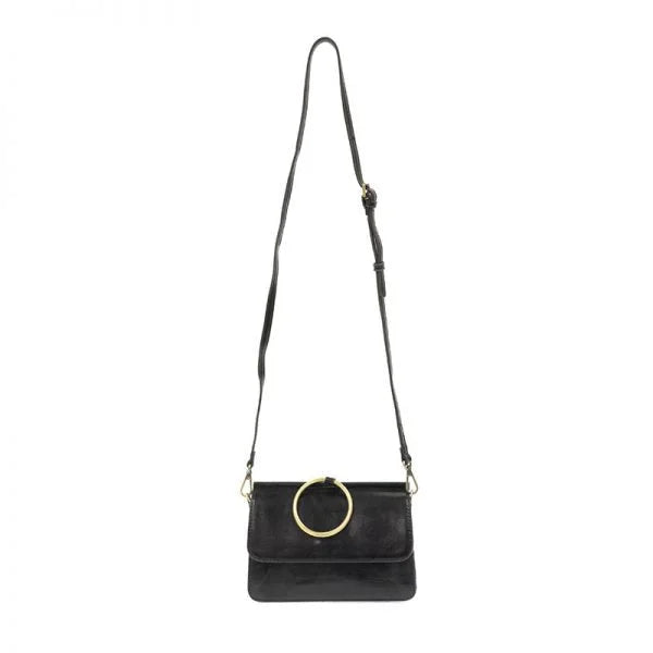 Black leather ARIA RING BAG with gold ring accent and interior zip at its widest point