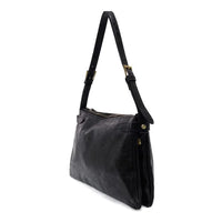 Black vegan leather Eve Trapeze shoulder bag with gold hardware and zip closure