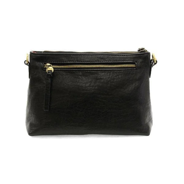 Black vegan leather crossbody bag with gold-tone hardware and removable shoulder strap
