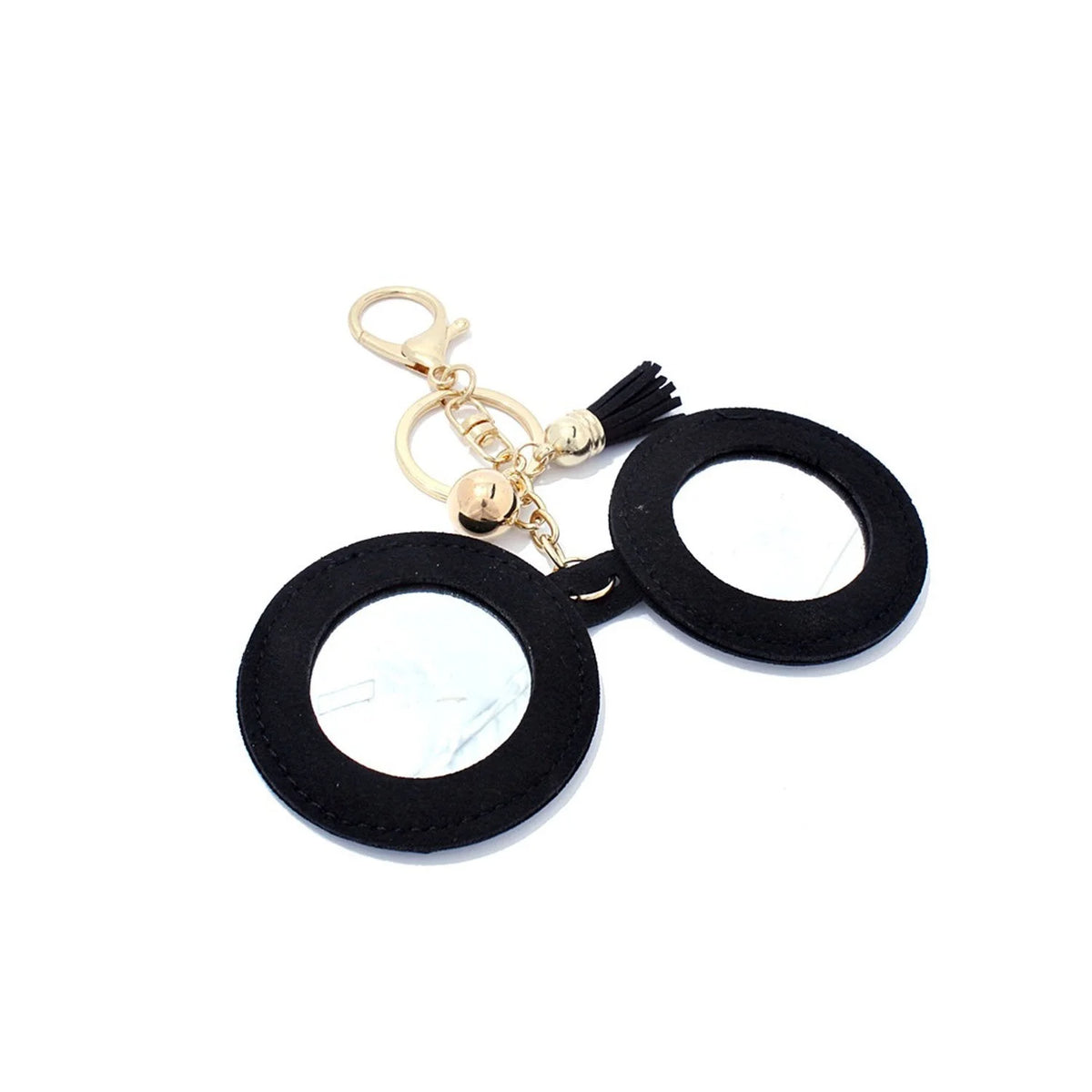 Black leather earrings with gold hardware displayed with a Smiley Face Key Chain