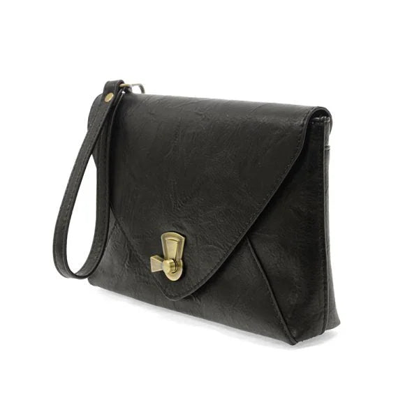 Black leather CLAUDIA KEYHOLE ENVELOPE clutch bag with gold clasp for chic style