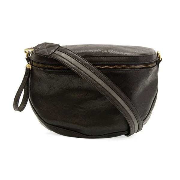 Black leather fanny pack with gold-toned zipper, LAURA CONTRAST STRAP Sling Belt design