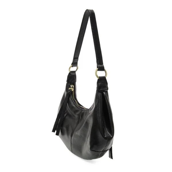Giselle Mini Hobo: black vegan leather shoulder bag with fringe