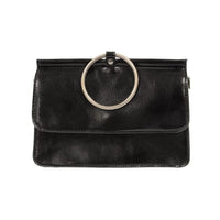 Black ARIA RING Bag: leather with silver ring handle and zipper