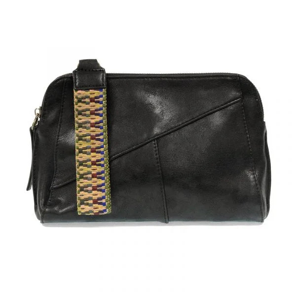 Black vegan leather handbag featuring a colorful woven wristlet strap and zip closure