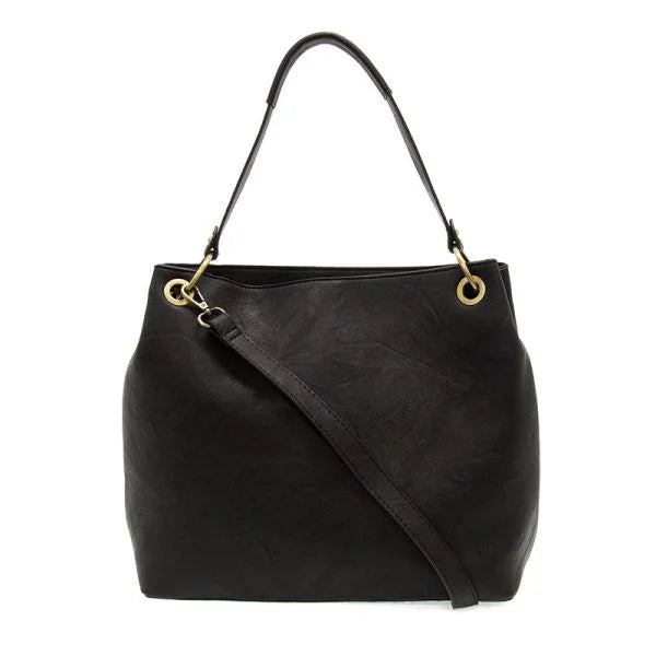 Black leather handbag with gold hardware, adjustable strap from JEM BUCKET SHOULDER BAG at Shop Daisy