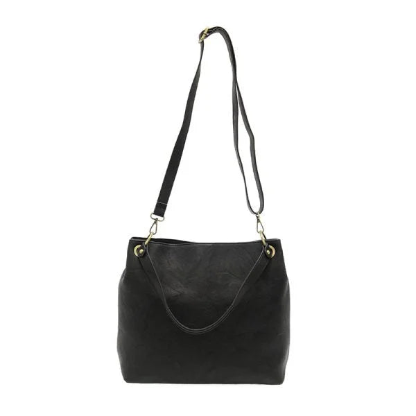 Black vegan leather JEM Bucket Shoulder Bag with adjustable strap and top handles