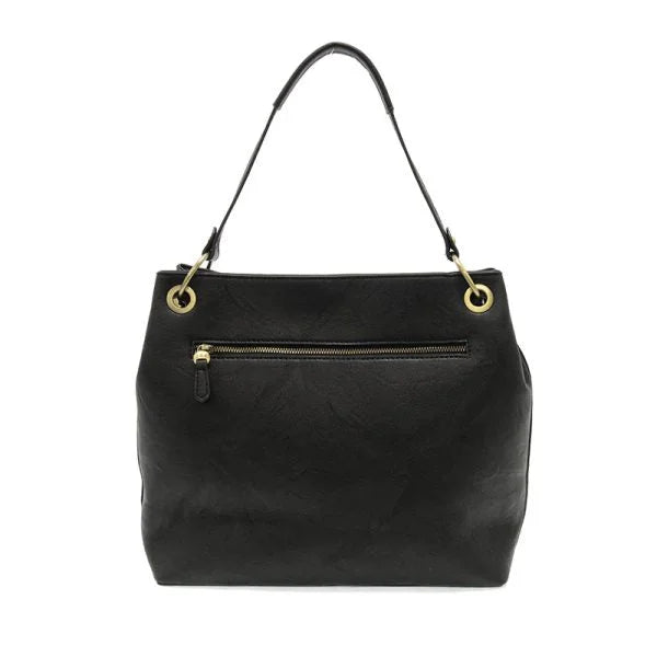 Black leather handbag with gold hardware and zippered pocket from Shop Daisy’s JEM BUCKET design