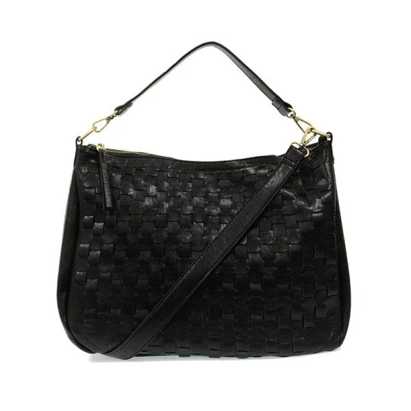 Black leather KALI WOVEN SLOUCHY HOBO handbag with checkerboard pattern and shoulder strap