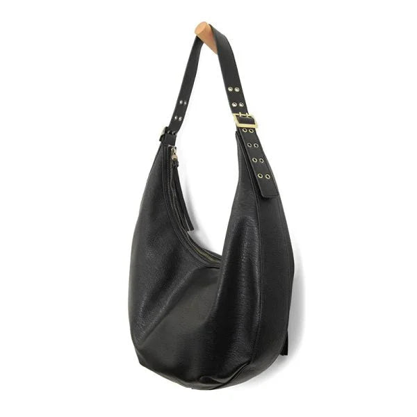 Nadia Buckle Large Hobo black leather bag with grommet details, zip closure