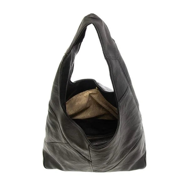 Black leather hobo bag with gathered pleats, featuring vegan leather and brass plated hardware