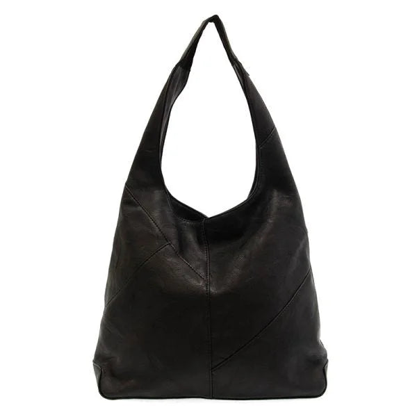 Black leather hobo bag with curved shoulder strap and brass plated hardware logo