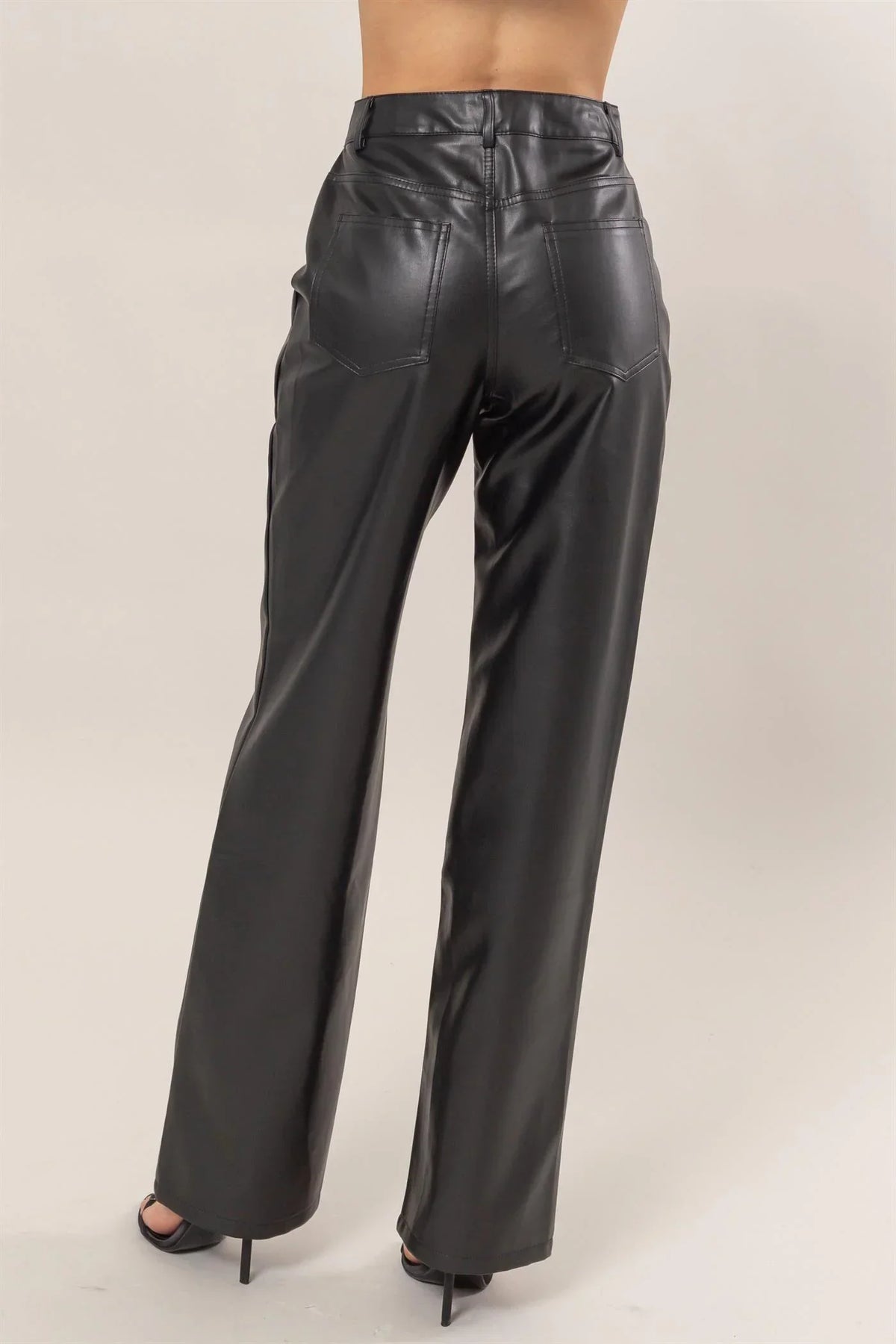 Black leather wide-leg high waist pants from Shop Daisy, ideal for women’s boho chic clothing