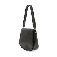 Black leather ANNIE WHIPSTITCH SADDLE convertible crossbody bag with braided strap and trim