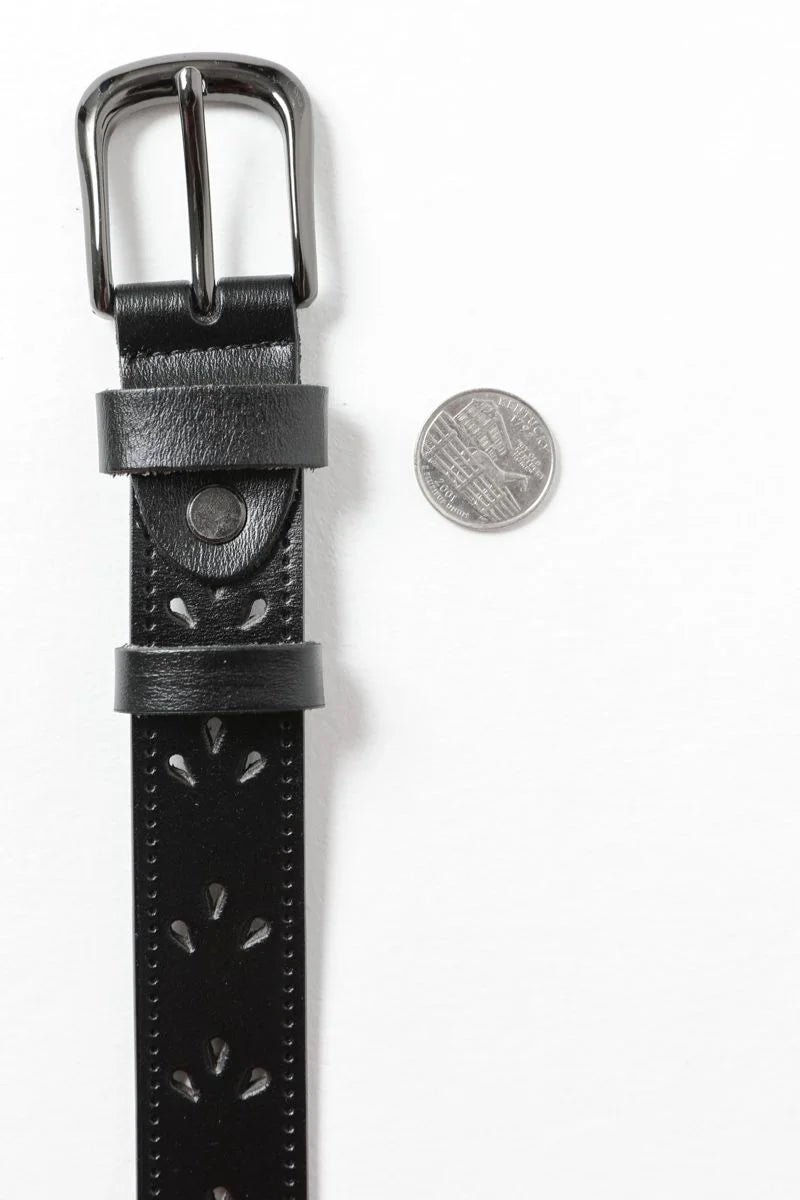 Black leather strap with silver buckle on Petal Punch Out Leather Belt, perfect for boho style