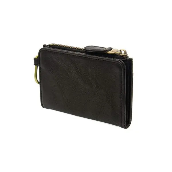 Black leather BOBBIE BIFOLD WALLET WITH CARABINER featuring a slide pocket and logo zip pull