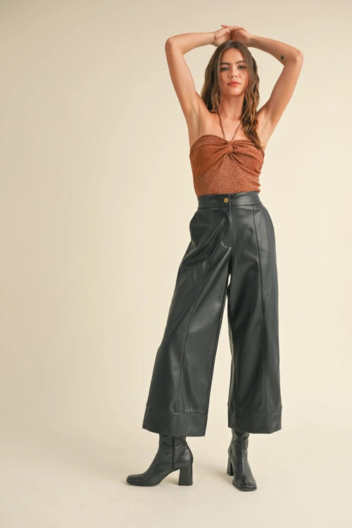 Black wide straight leg leather pants with high waist and cropped hem