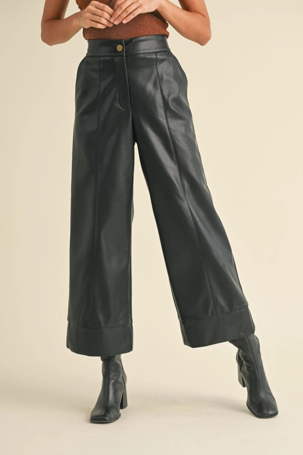 Black wide straight leg leather pants with high waist and button closure