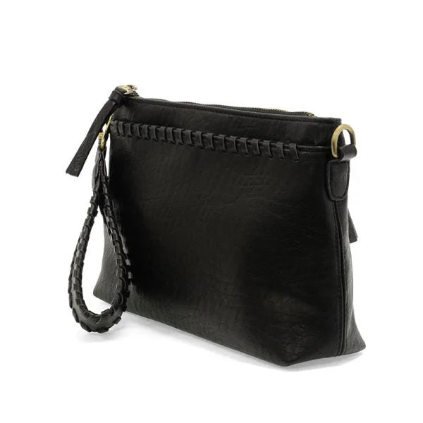 Black vegan leather clutch bag with braided wristlet strap and removable shoulder strap