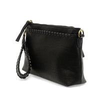 Black vegan leather clutch bag with braided wristlet strap and removable shoulder strap