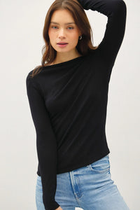 Black long sleeve knit top with basic boat neck and fitted silhouette for versatile style