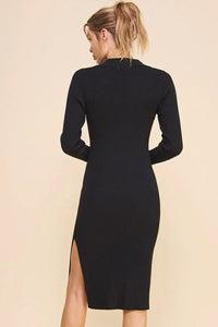 Black long-sleeved collared sweater dress with a stylish side slit for elegant flair