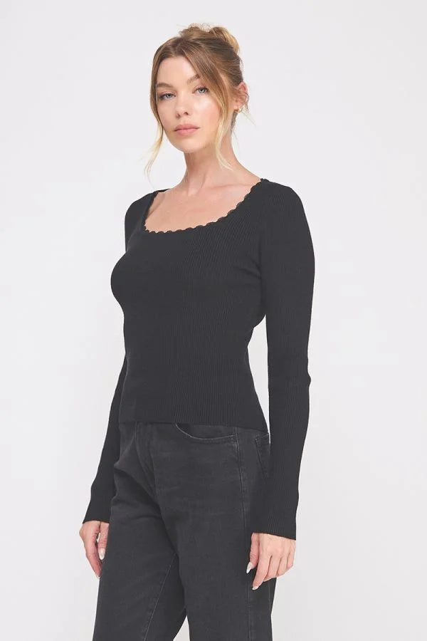 Black Gauge Rib Square Neck Lace Trim Long-Sleeved Top