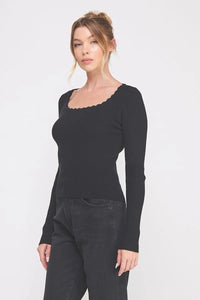 Black Gauge Rib Square Neck Lace Trim Long-Sleeved Top