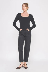 Black Gauge Rib Square Neck Top with Lace Trim