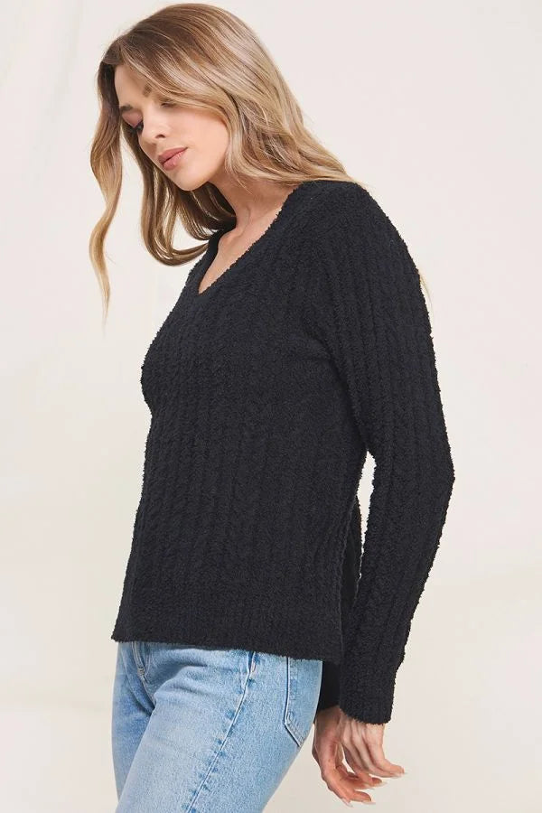 Black long-sleeved textured V-neck sweater from SOFT CLOUD RIBBED collection